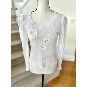 Vintage Y2K Semi Sheer White Knit Lace Rhinestone Flower Applique Sweater